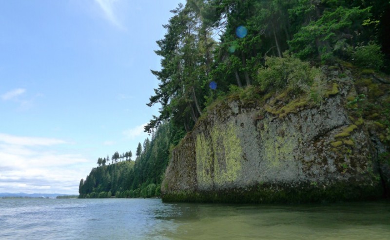 Green Point on the Oregon side of the river is appropriately named. It's an expanse of granite wall covered with moss and topped with tenacious trees.