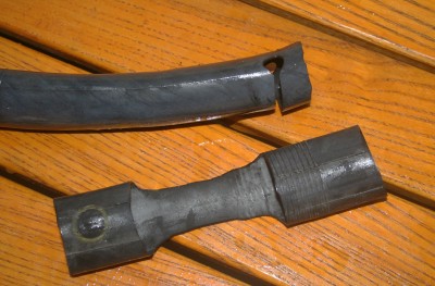 The inner-tube end has a keyhole-like cut to create a band to slip over the top of the pump. The short section is cut to form a strap between loops that fit over the other end of the inner tube to keep it in place during pumping.