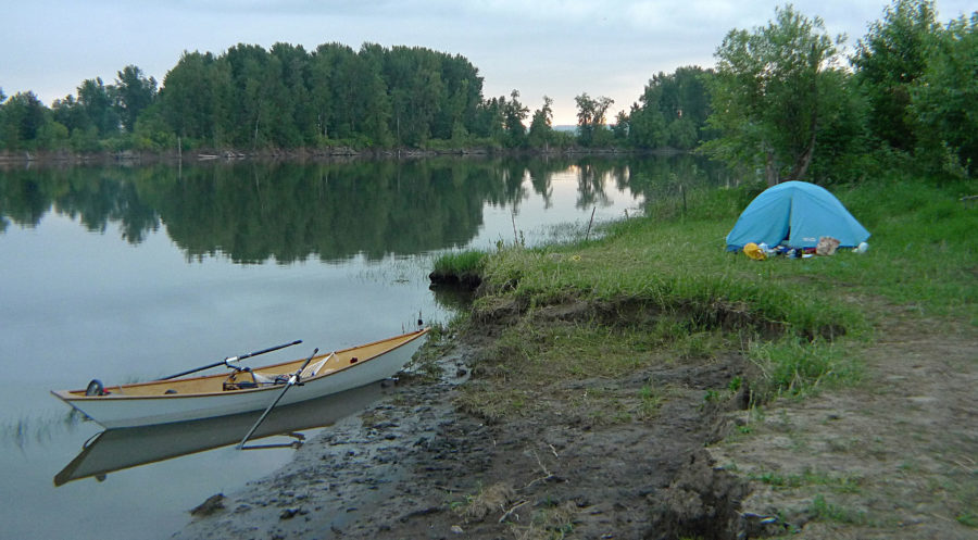 A bend in the river surrounded by farmland and forests provided me a place to camp. With little current and minor tides in the Mutlnomah Channel I could leave MAC overnight only slightly aground. A line from her bow to my wrist as I slept was all I needed to assure me that she'd not leave without me.
