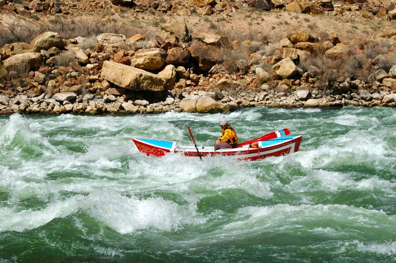 Badger is the first significant rapid on the Colorado downriver from the launch site at Lee’s Ferry. It has a 15’ drop and is rated Class 4 – 6 depending on the water level. Greg lost an untethered oar in Badger that was fished out of the river down below by team mate Craig Wolfson.