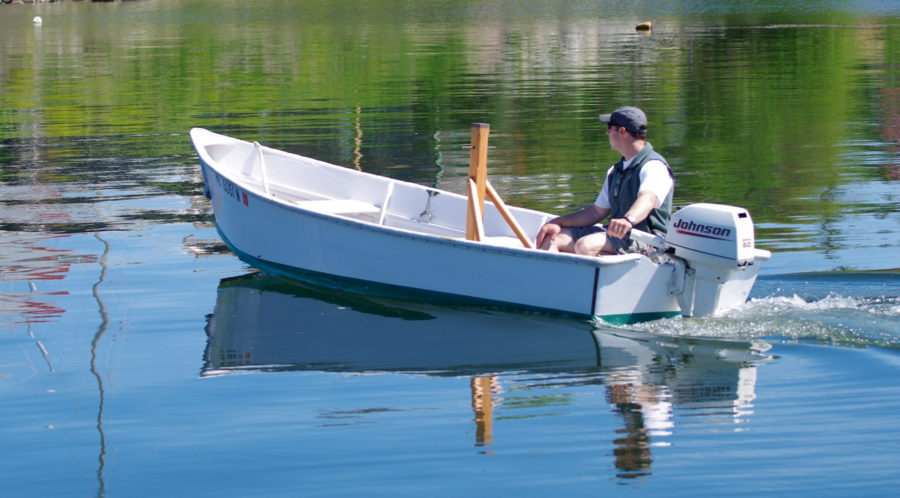 The towing bit prevents the center thwart of this skiff from being used for rowing but a set of rowlocks forward is well suited or rowing with a cargo or passengers in the stern.