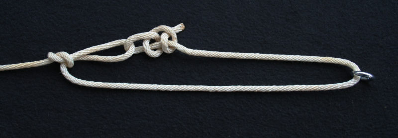 The standard trucker's hitch with a slip-knot loop and two half hitches holding the tension.