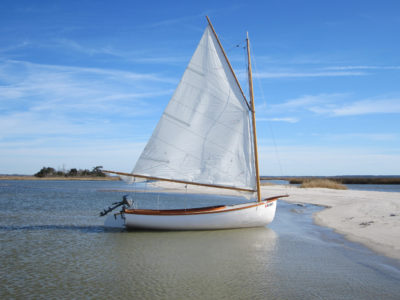 With a reef in her 152 sq ft sail for a fresh breeze, LITTLE T's 9" draft allowed her to take a break in some protected but thin water.