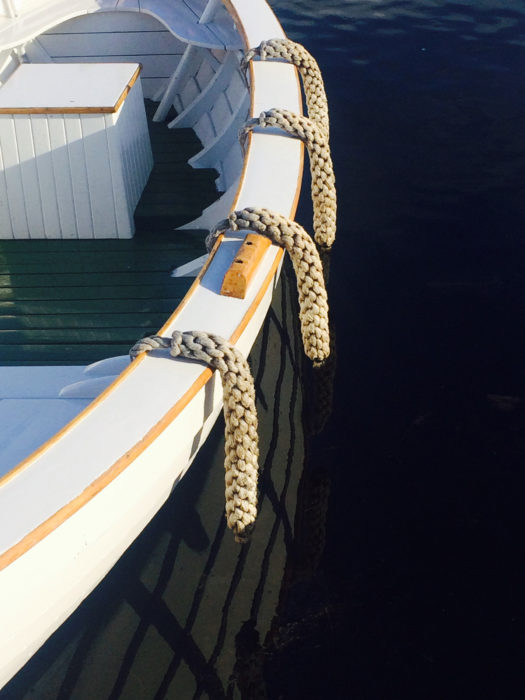 The length of each fender is matched to it position on the boat so that they all come about 3" from the water no matter how much freeboard there is at its location. It is important that the fenders not be tightly woven. They must be loose enough to bend around the sheer and hang straight down.