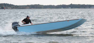 Running in a slight chop on Virginia’s Back River, the builder’s home waters, INLET RUNNER moves along nicely with very minimal pounding.