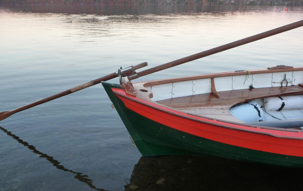 The author's double ender has a short outrigger for a sculling. The lock needed to be slightly elevated to keep the handle from making contact with the outrigger.