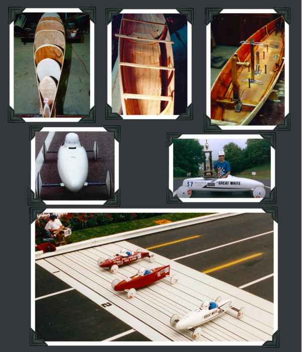 Hess Soap Box Derby cars in the 1980: spruce strips, fiberglass, and gravity.