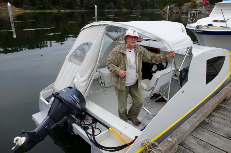 A single 20-hp outboard can outperform twin 5-hp outboards. Just behind the motor's shaft you can see one of the extensions added to improve the trim with the greater motor weight. The custom-made canopy doubles the Cat's sheltered space.