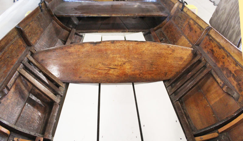 This full footboard is in a late 19th-century wherry built in Shrewsbury, England. Four slats offer three positions to adjust for leg length.