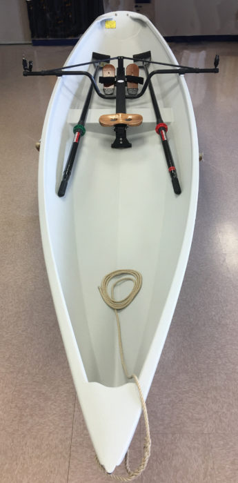 For a durable and non-slip finish Devlin often uses spray-on truck-bed liner on the interior and sometimes exterior. The drop-in rowing rig is by Piantedosi, the oars by Dreher.