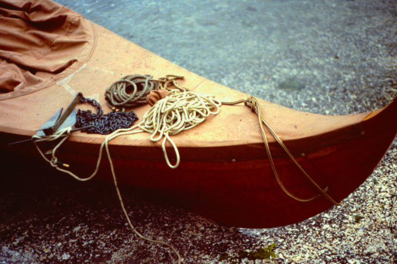 I used the Siwash system frequently with my Gokstad faering on a second cruise up the Inside Passage. The anchor is ready to drop over the side with the retrieval line secured to the stock and the chain, rode, and painter joined to the shank.