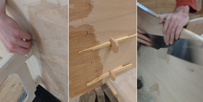 The bulkhead tabs are inserted in the side panels (left), and locked in place with wedges on the outside (center). Note the finger joints used to join plywood panels. The tabs are sawn flush after the epoxy has cured (right). The tabs at right are for the center bulkhead and don't require the slots and wedges.