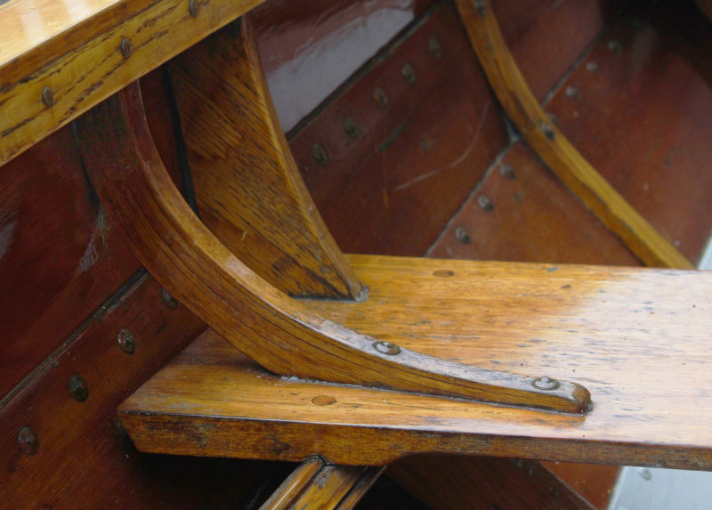 This laminated mahogany knee, part of a Chamberlain gunning dory, is wide enough to provide strength without a a filler block.
