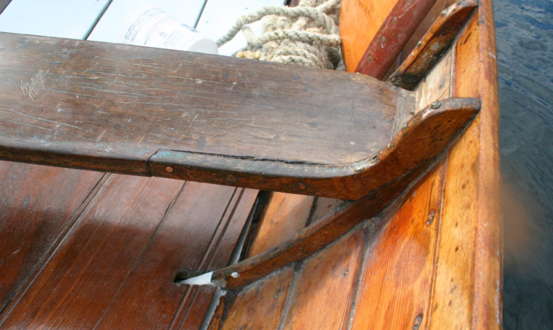 Thwart knees are occasionally built into the edge of the thwart they support. This knee, cut from a crook, takes the place of a frame head in the wherry.