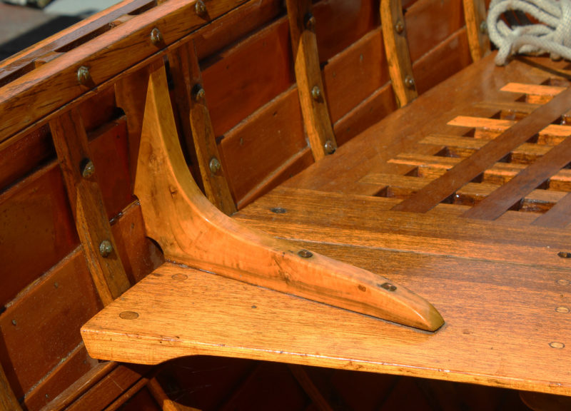 This fruitwood crook in the New York Whitehall braces a thwart that serves as mast partner.
