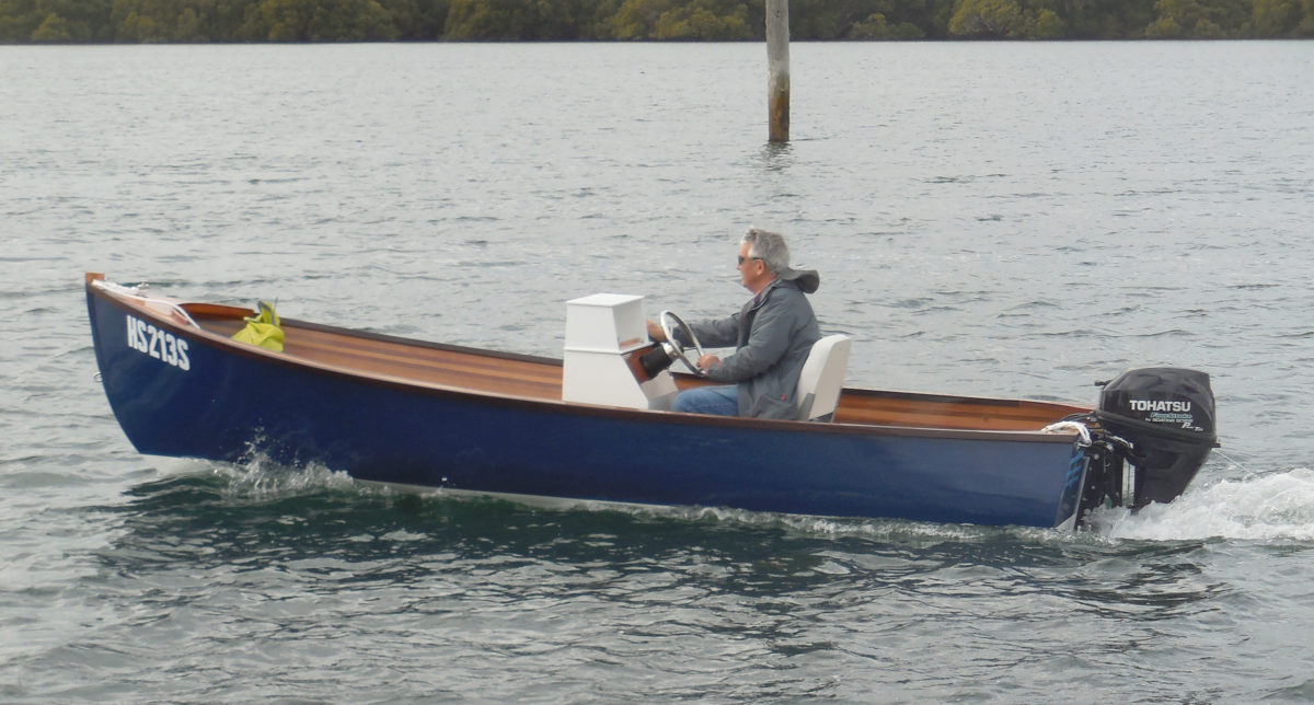 Although EMZARA didn't wind up with the concave bottom section that makes the Jericho Bay Lobster Skiff distinctive, she still gets up on a plane quickly. The hogged bottom is more of an advantage for a tiller-steered outboard where there is a lot of weight in the stern.