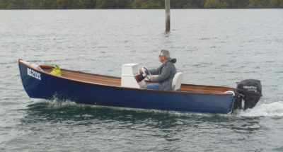 Although EMZARA didn't wind up with the concave bottom section that makes the Jericho Bay Lobster Skiff distinctive, she still gets up on a plane quickly. The hogged bottom is more of an advantage for a tiller-steered outboard where there is a lot of weight in the stern.