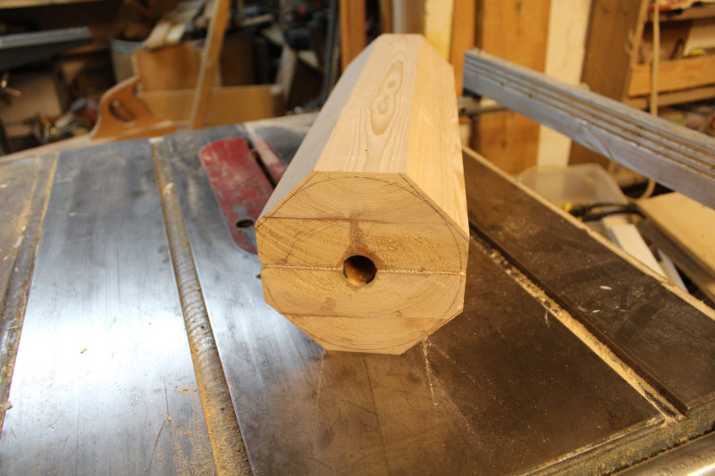 With the table saw set for a 45-degree cut, I eight-sided the block.