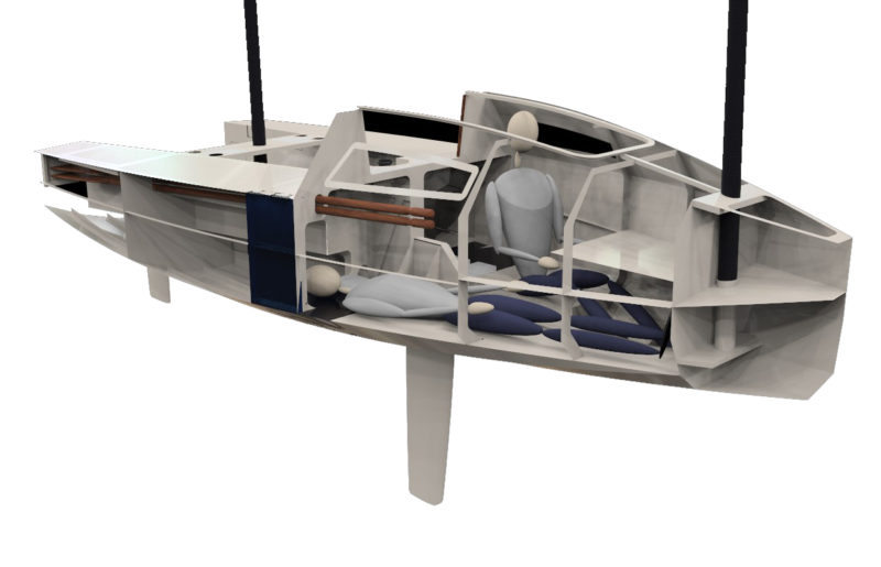 The cabin can sleep two. Note that the oar handles extend into the cabin.