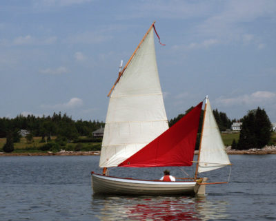 The author's red mizzen staysail was designed and made for WAXWING, his François Vivier-designed, lug-yawl rigged Ilur.