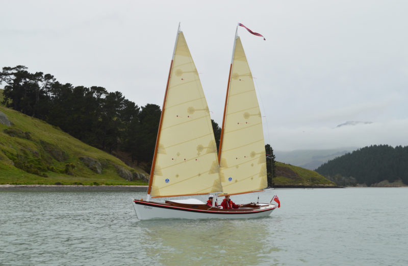 The cat-schooner rig, seen here, has 67 sq ft in the main and 76 in the foresail. The alternate cat-ketch rig has 80 sq ft in the main and 62 sq ft in the mizzen. The designer favors the cat-schooner rig.