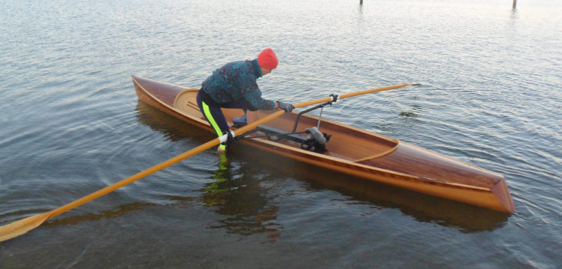 With the rowing rig occupying the space along the centerline, the rower has to get aboard with a foot planted slightly off center. 