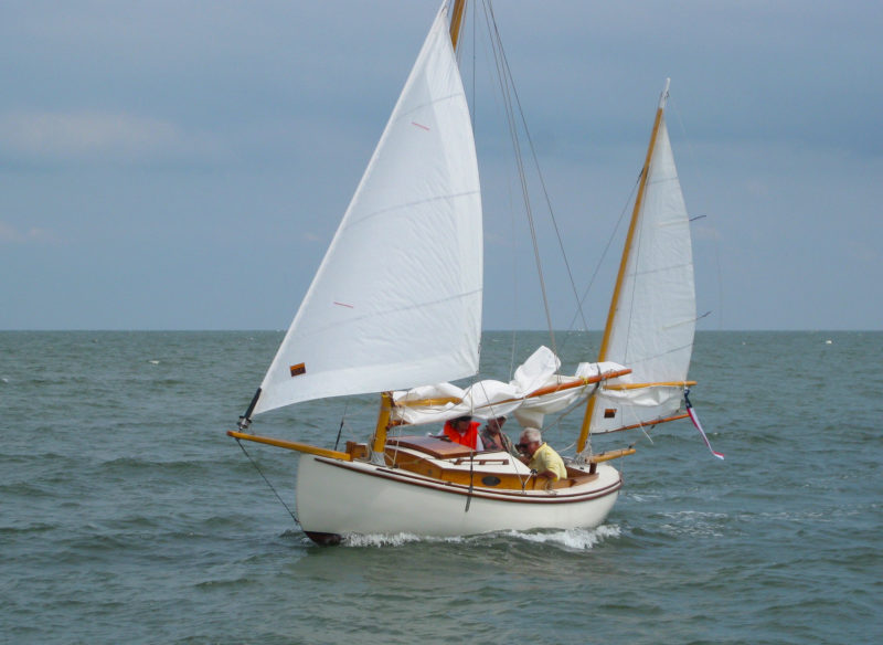 Dropping the main and leaving the jib and mizzen flying reduces the sail area while keeping the helm well balanced.