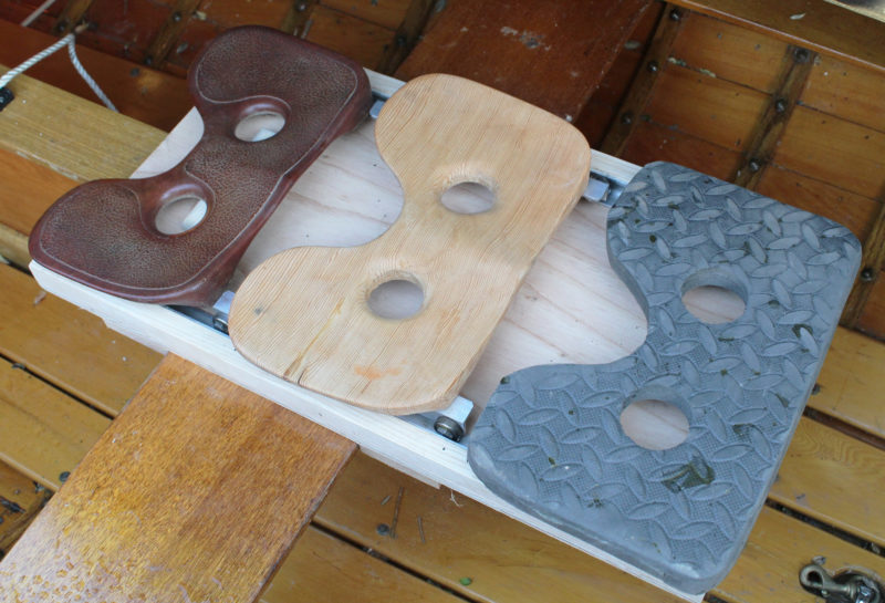 If a carved seat (center) isn't an appealing project, a carriage with flat plywood base can support a manufactured seat (left) or a homemade closed-cell foam pad.
