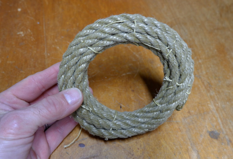 The core starts with a single loop with an inside diameter of about 3". The 9 loops of 3/8" Spunflex 3-strand polypropylene the author uses for the core take up around 9' of line. stitches of marline hold the coil together.