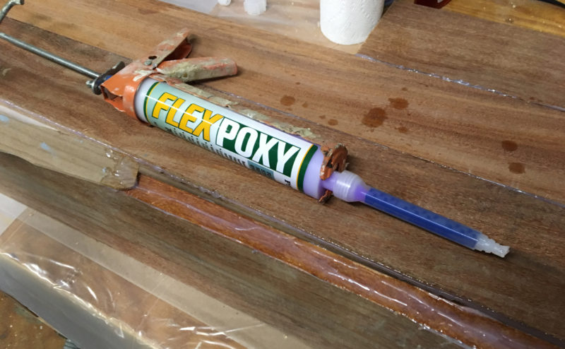 Flexpoxy can be dispensed through a static mixer tip and emerge from the tip ready to use. The cartridge fits a standard caulking gun and takes XX pressure. The tip can't be allowed to sit idle for long—mixed epoxy with begin to cure and become too thick to flow. At the end of the job, the tip has to be discarded and a bit of epoxy goes with it.