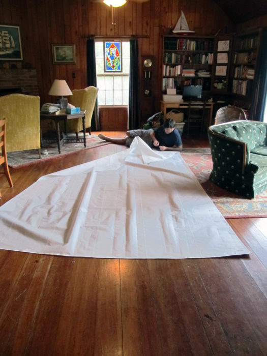 I put the sail together in the living room. It was over 100 degrees outside, and air conditioning was a life saver.