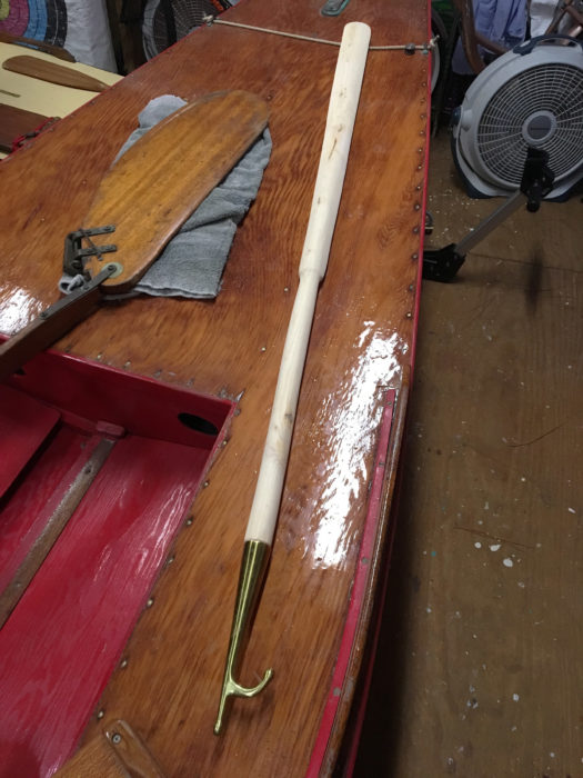The blade of a Greenland paddle is narrow enough to provide a good grip when using the boat hook, but has plenty of area for power when used for paddling.