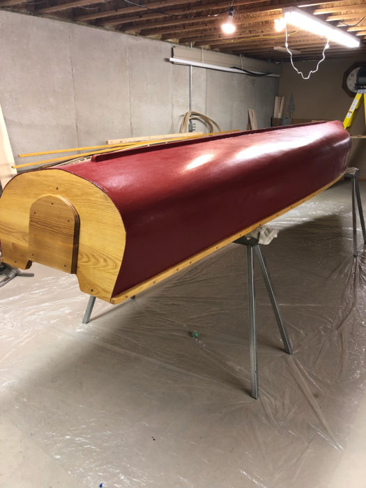 With the filler finally dry, the canoe is ready for paint.