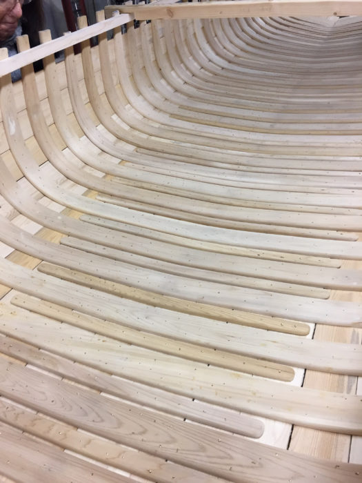 When the hull is pull off he form, all of the points of the canoe tacks are well buried in the ribs.