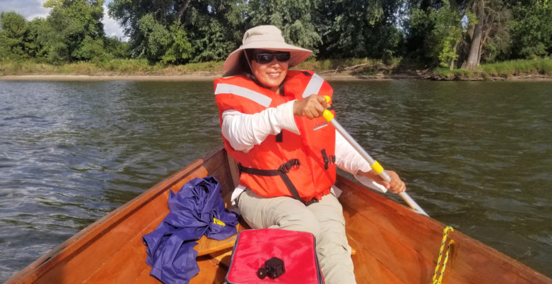 Xiaole used the paddle to contribute to our downriver progress. It wasn’t very effective so she didn’t use it often but enjoyed paddling when she did.