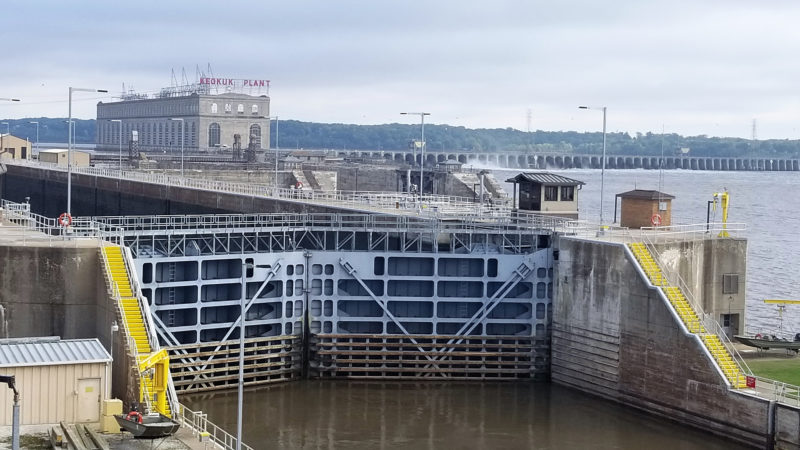 The Lock and Dam #19 at Keokuk is one of three dams that produce electricity. At the time it was built in 1913 its powerhouse was the largest in the world. I stayed well clear of spillway and took the lock; it was a 28’ drop, the biggest of the trip.