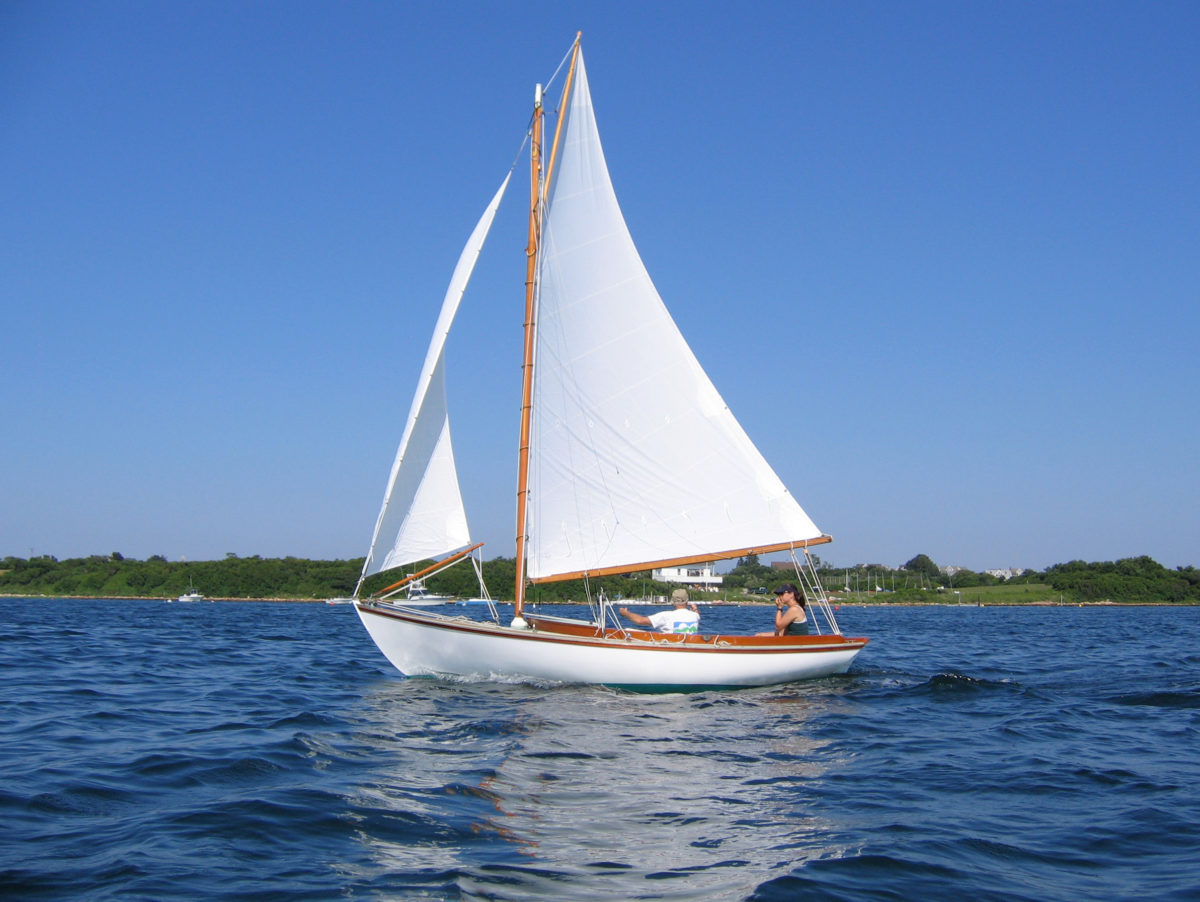 In profile, CHIPS bears a strong resemblance to a Herreshoff 12 1/2, one of the boats that inspired Carl's Block Island 19 design