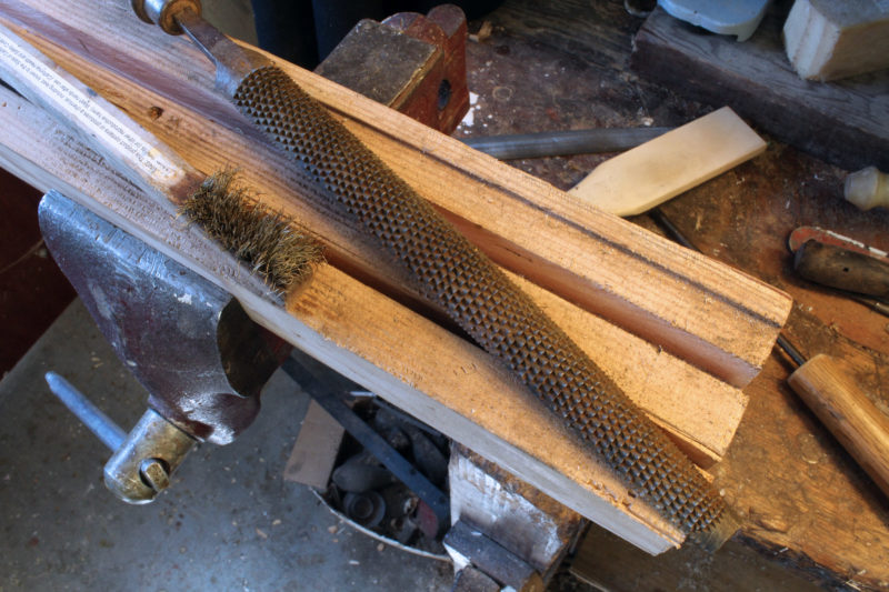 After rubbing the newly sharpened rasp with soapstone, I used a brass-wire brush to clean up.