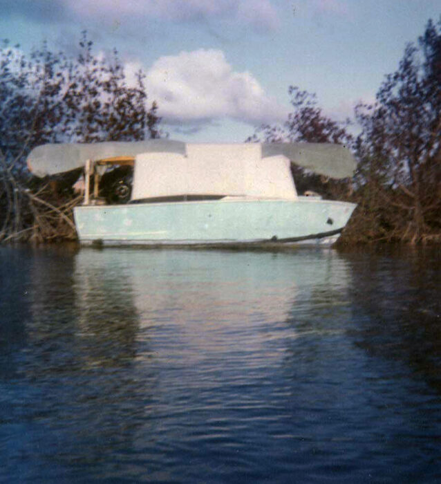 A discarded plywood hull became home in Marathon, Florida.