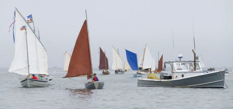 Various small boats with different colored sails out on the water during the 2007 Small Reach Regatta.