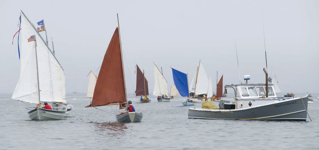 Various small boats with different colored sails out on the water.