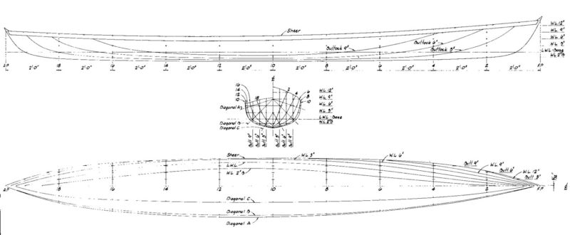 Line drawings for the Bangor Packet Rowing Wherry.