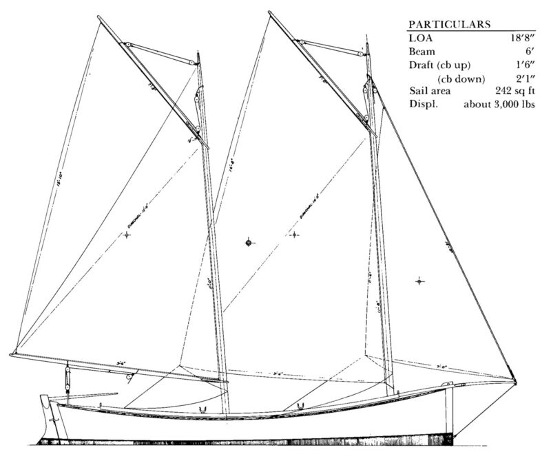 Line drawing showing sketch of the Mackinaw Boat and design plan particulars.