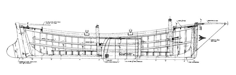 Line drawings showing the profile of the Mackinaw Boat.