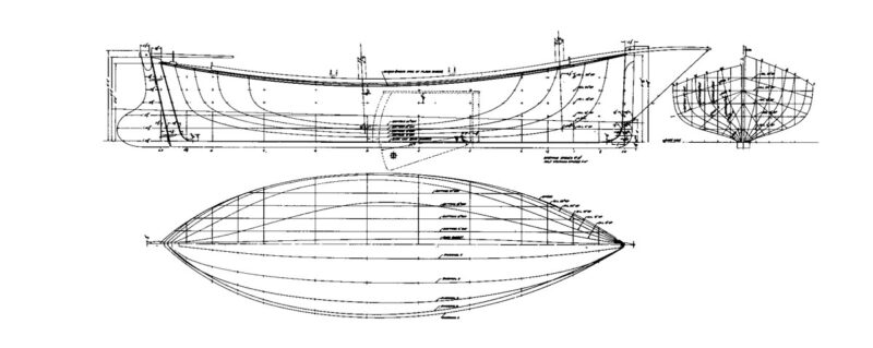 Line drawings from the Mackinaw Boat design plans showing the side, body and underside of the boat.