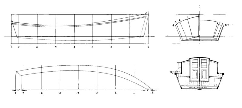 Profile and body plan line drawings from the Redwing design plans.