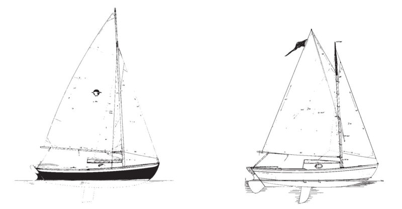 Line drawing of sailboat with two rig options.