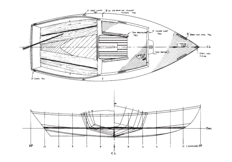 Design plan drawings for sailboat, top and side views.