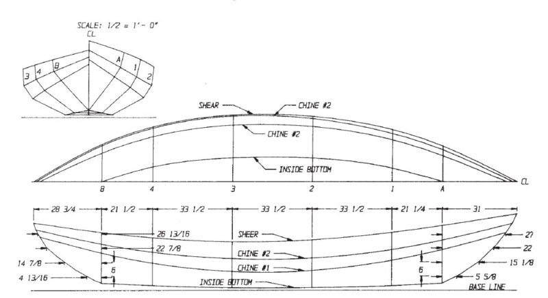 Line drawing of a Marblehead gunning dory boat.