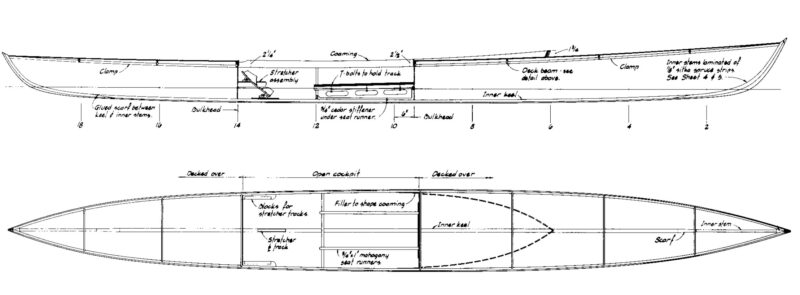 Profile and bottom view line drawings for Bangor Packet Rowing Wherry.